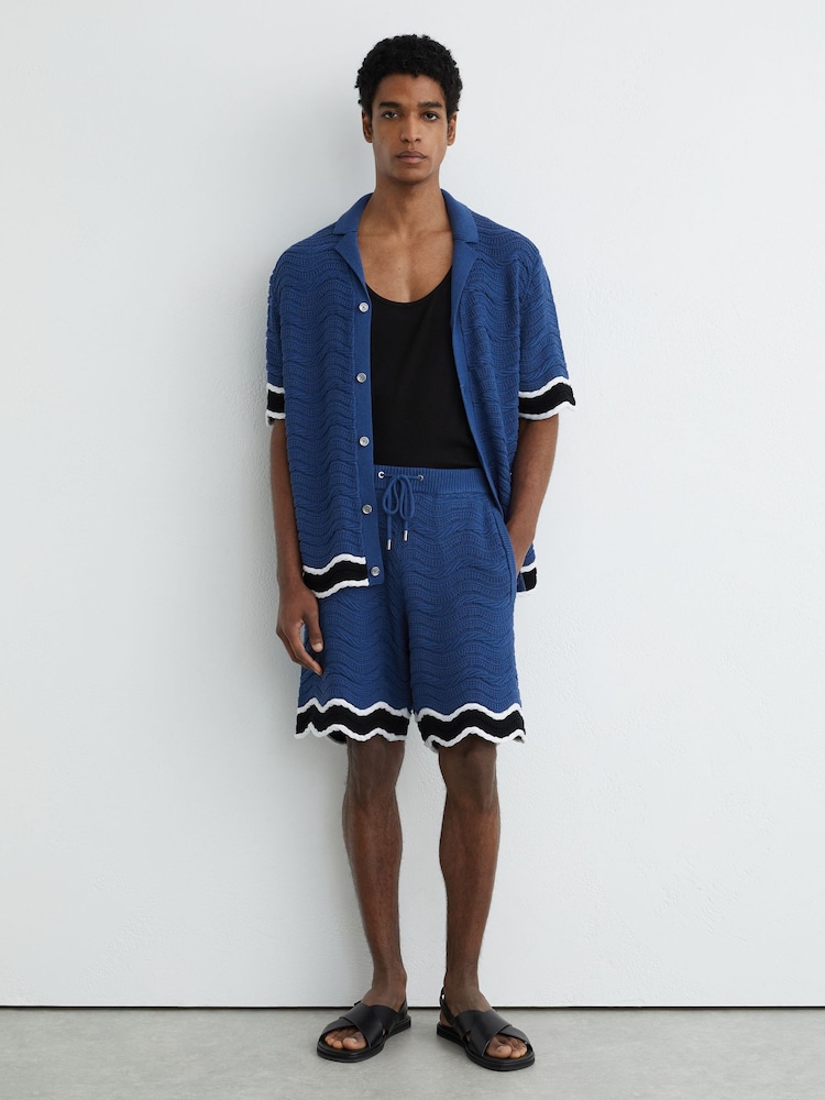 Reiss Blue Helios Cotton-Blend Wave-Knit Tipped Shorts - Image 1 of 7