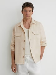 Reiss Stone Polasio Linen Herringbone-Stripe Regular-Fit Shirt - Image 1 of 7