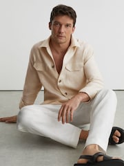 Reiss Stone Polasio Linen Herringbone-Stripe Regular-Fit Shirt - Image 3 of 7