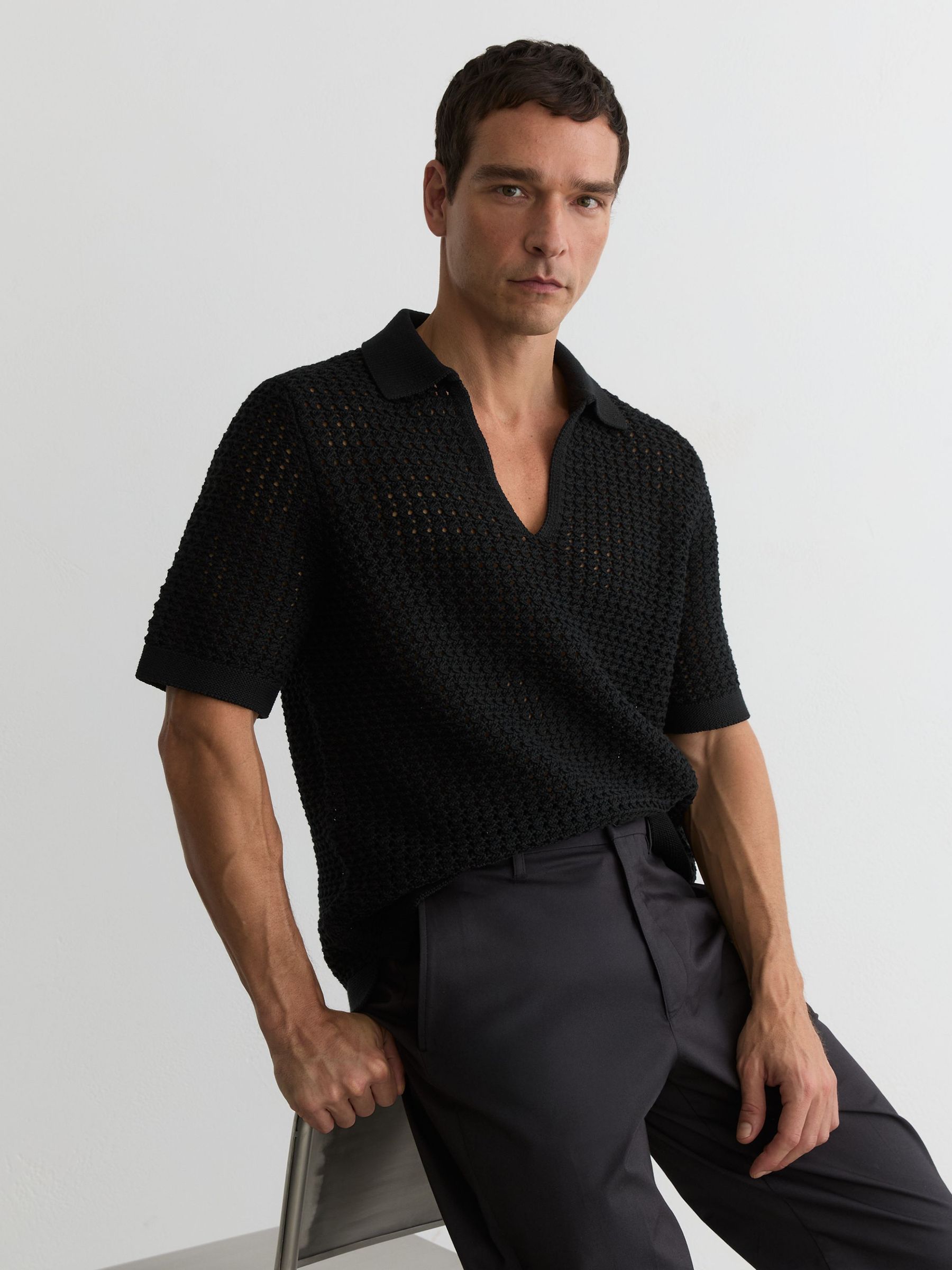 Buy Reiss Black Bronwyn Crochet Open-Collar Polo Shirt from the