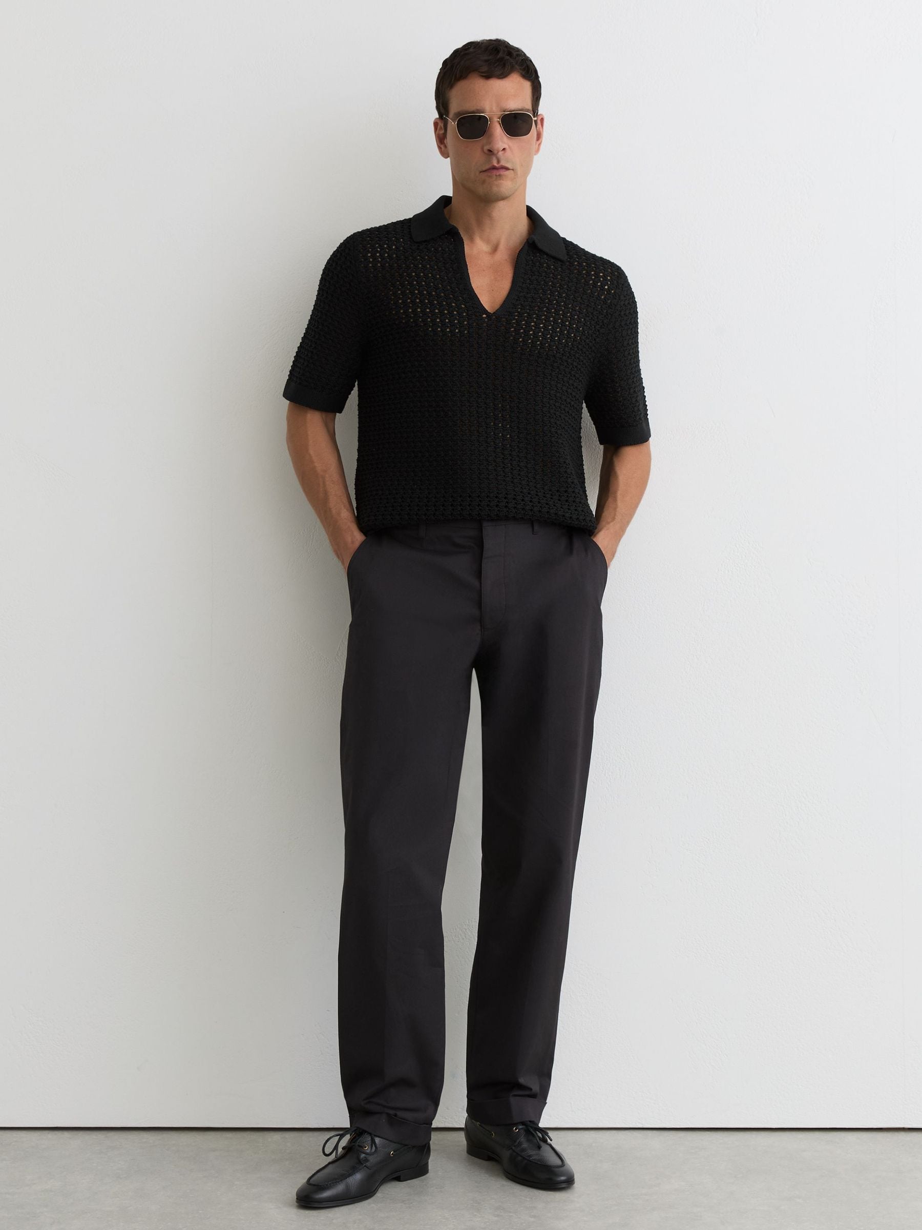 Buy Reiss Black Bronwyn Crochet Open-Collar Polo Shirt from Next USA