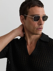 Reiss Black Bronwyn Crochet Open-Collar Polo Shirt - Image 4 of 6