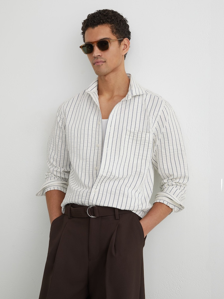Reiss White/Blue Dupree Modal-Blend Seersucker Pinstripe Shirt Regular-Fit - Image 1 of 7