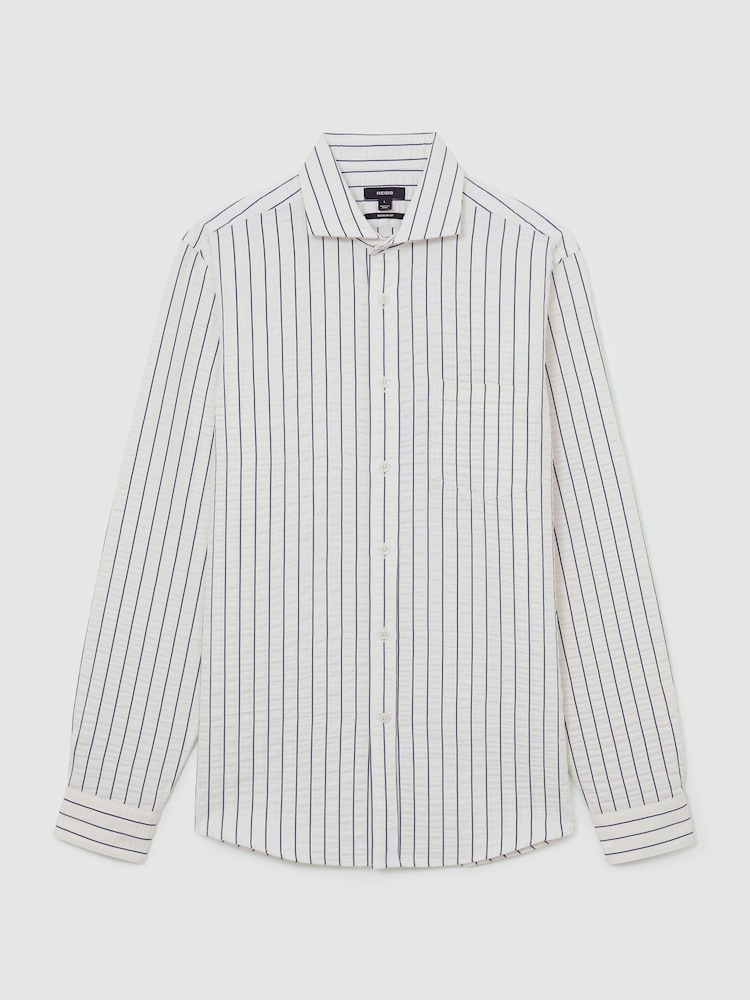 Reiss White/Blue Dupree Modal-Blend Seersucker Pinstripe Shirt Regular-Fit - Image 2 of 7