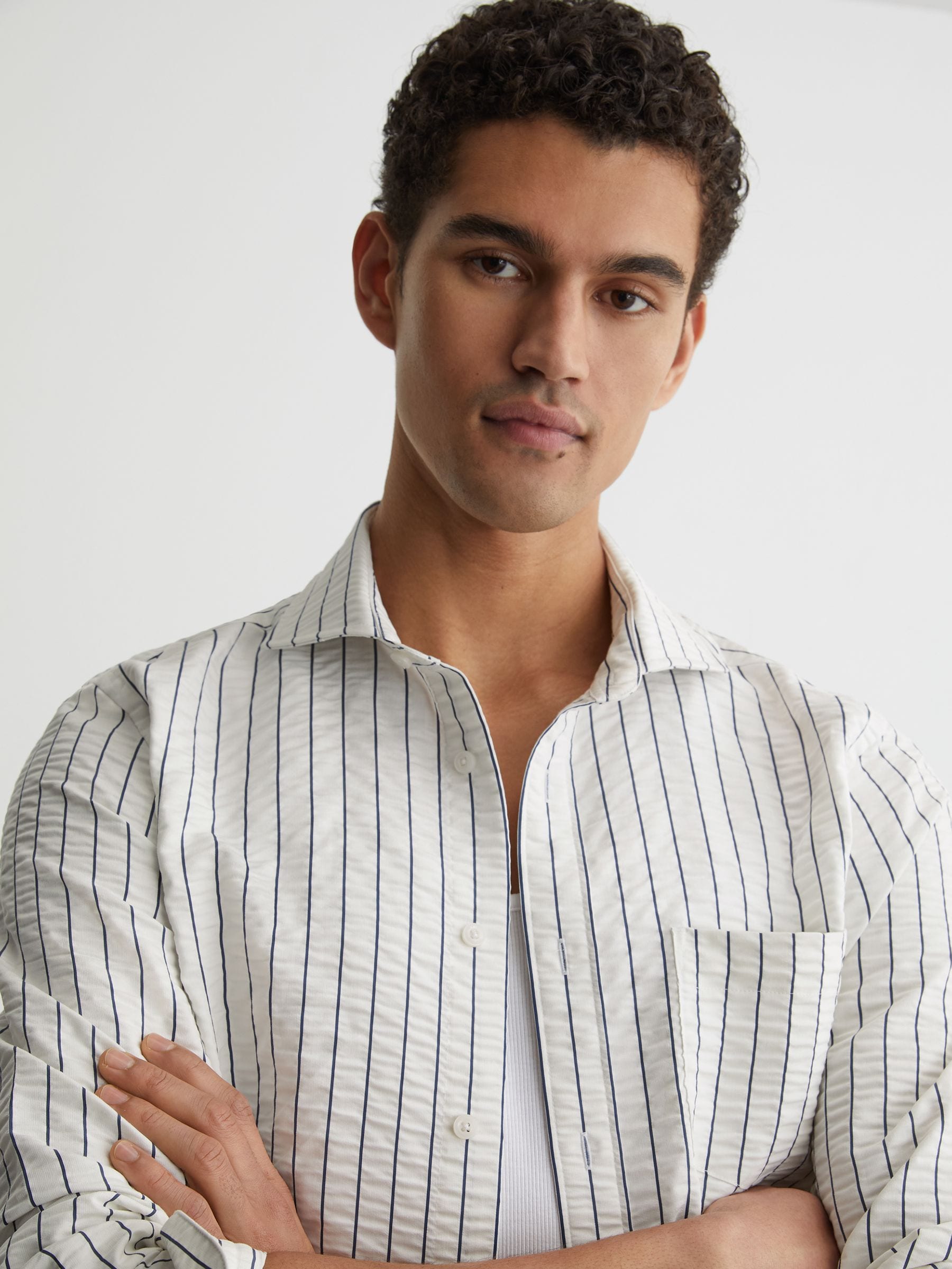 Buy Reiss White/Blue Dupree Modal-Blend Seersucker Pinstripe Shirt