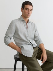 Reiss Dark Sage/White Fine Stripe Ruban Stripe Shirt - Image 1 of 6