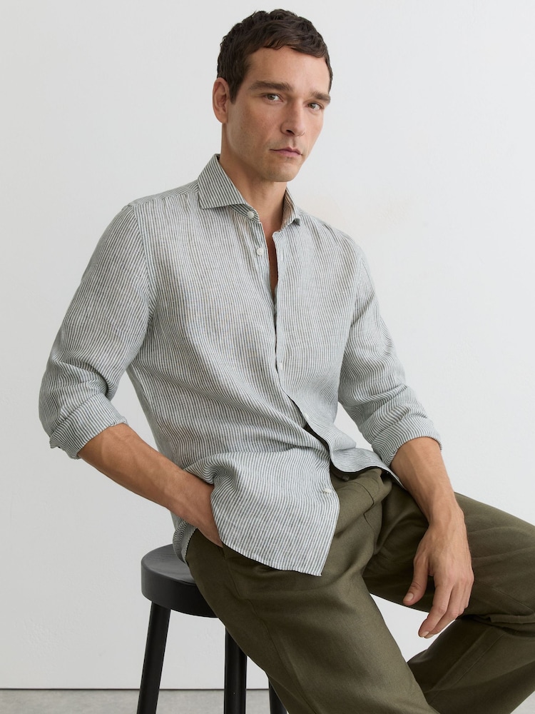 Reiss Dark Sage/White Fine Stripe Ruban Stripe Shirt - Image 1 of 6