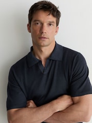 Reiss Navy Rook Pigment-Dyed Merino Wool Open-Collar Polo Shirt - Image 1 of 6