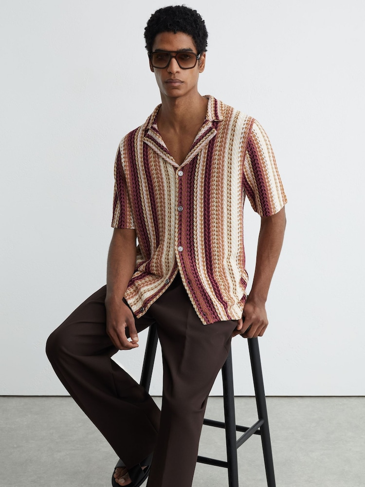 Reiss Pink Fleet Stripe-Knit Cuban-Collar Shirt - Image 1 of 6 Reiss Pink Fleet Stripe-Knit Cuban-Collar Shirt - Image 1 of 6