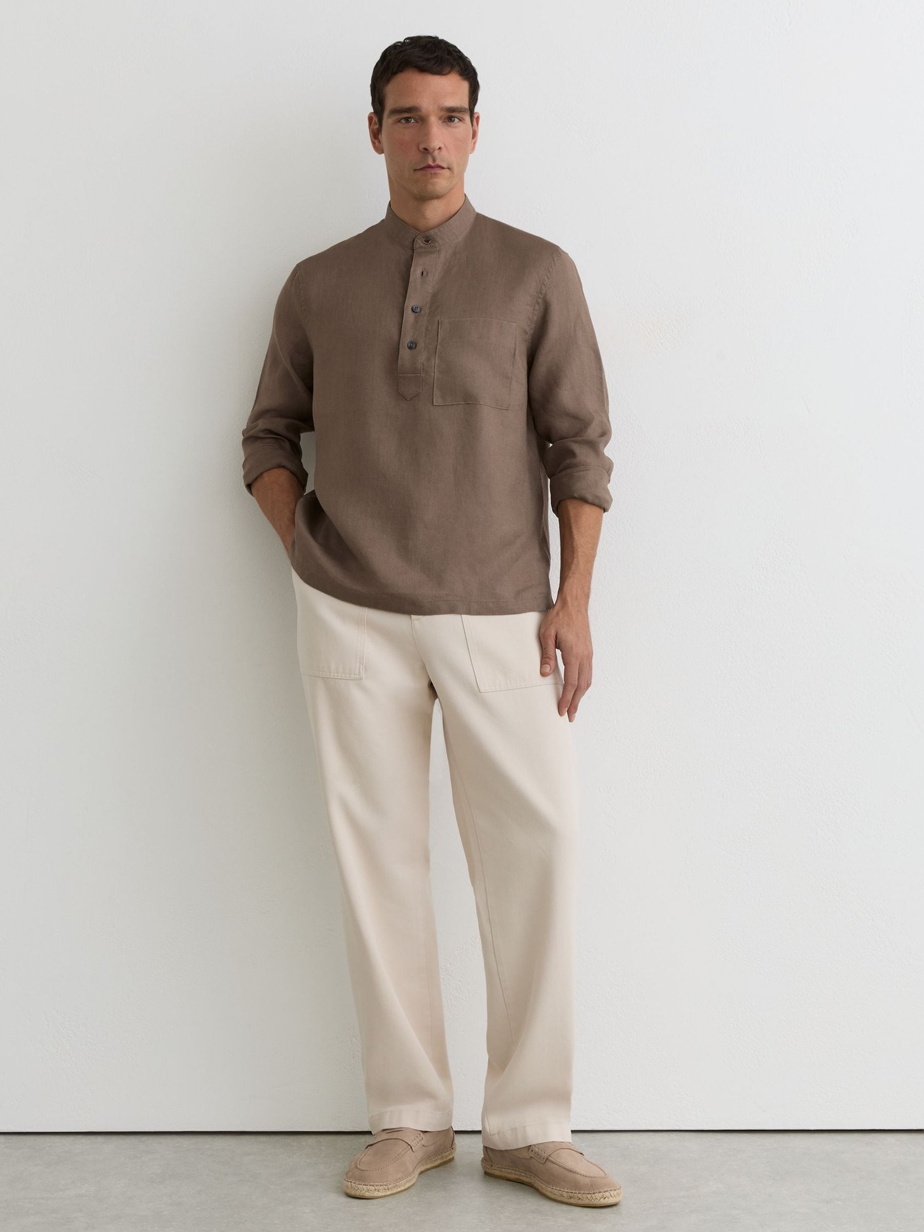 Buy Reiss Soft Brown Trident Linen Grandad-Collar Half-Button
