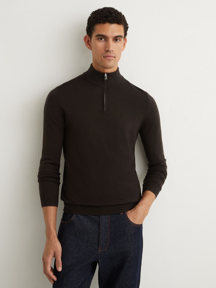 Reiss Dark Brown Blackhall Merino Wool Half-Zip Jumper - Image 1 of 6 Reiss Dark Brown Blackhall Merino Wool Half-Zip Jumper - Image 1 of 6