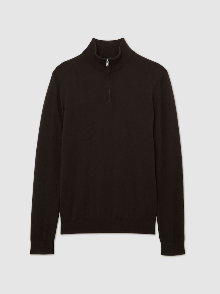 Reiss Dark Brown Blackhall Merino Wool Half-Zip Jumper - Image 2 of 6 Reiss Dark Brown Blackhall Merino Wool Half-Zip Jumper - Image 2 of 6