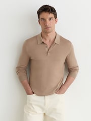 Reiss Taupe Brown Jay Pigment-Dyed Merino Wool Long-Sleeve Polo - Image 1 of 6