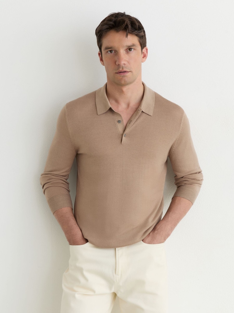 Reiss Taupe Brown Jay Pigment-Dyed Merino Wool Long-Sleeve Polo - Image 1 of 6