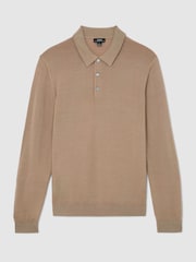 Reiss Taupe Brown Jay Pigment-Dyed Merino Wool Long-Sleeve Polo - Image 2 of 6