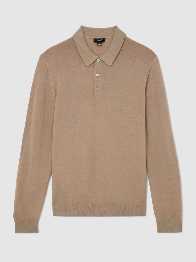 Reiss Taupe Brown Jay Pigment-Dyed Merino Wool Long-Sleeve Polo - Image 2 of 6