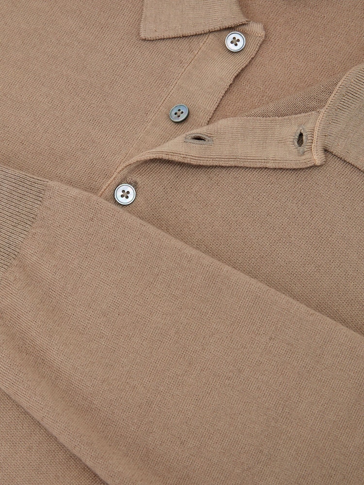 Reiss Taupe Brown Jay Pigment-Dyed Merino Wool Long-Sleeve Polo - Image 6 of 6