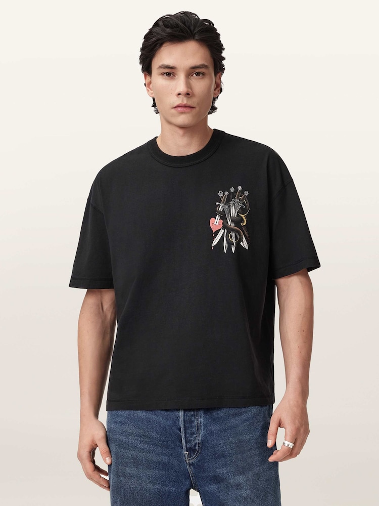 AllSaints Black Serrate Short Sleeve Crew Neck T-Shirt - Image 1 of 9