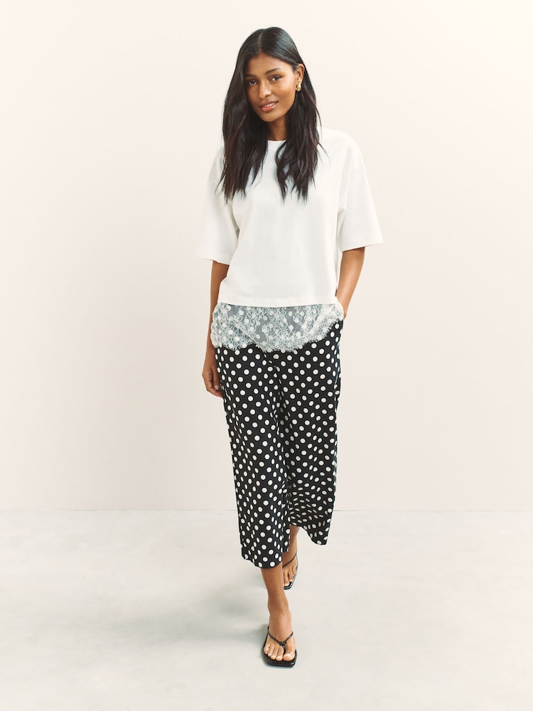 Black/White Spot Stretch Linen Blend Culottes - Image 1 of 8 Black/White Spot Stretch Linen Blend Culottes - Image 1 of 8