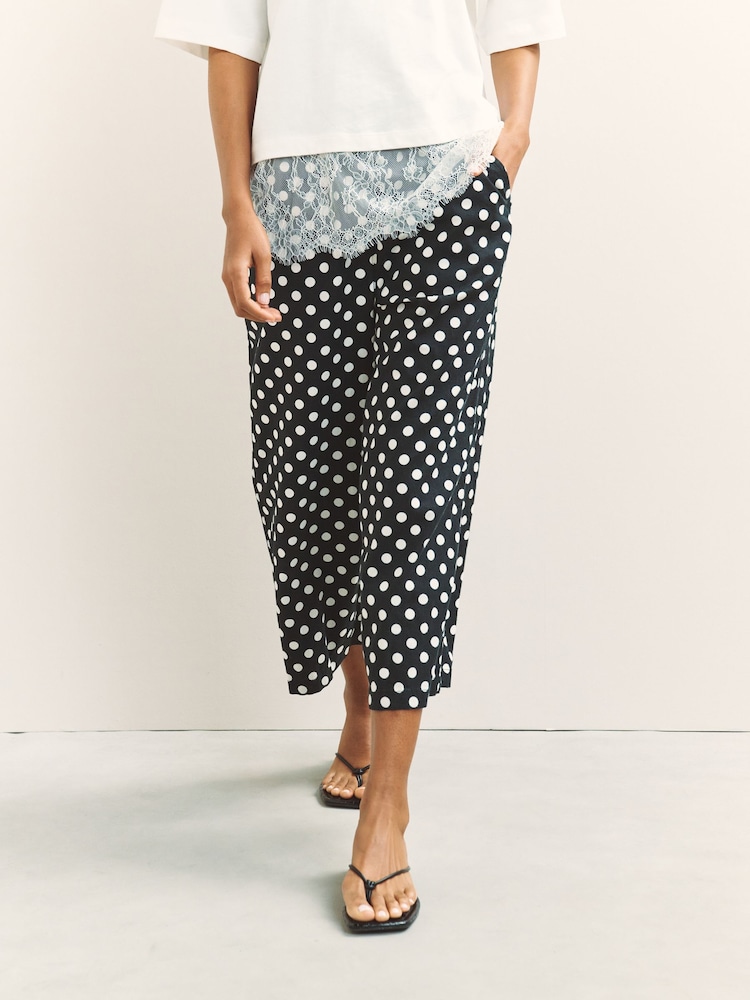 Black/White Spot Stretch Linen Blend Culottes - Image 2 of 8 Black/White Spot Stretch Linen Blend Culottes - Image 2 of 8
