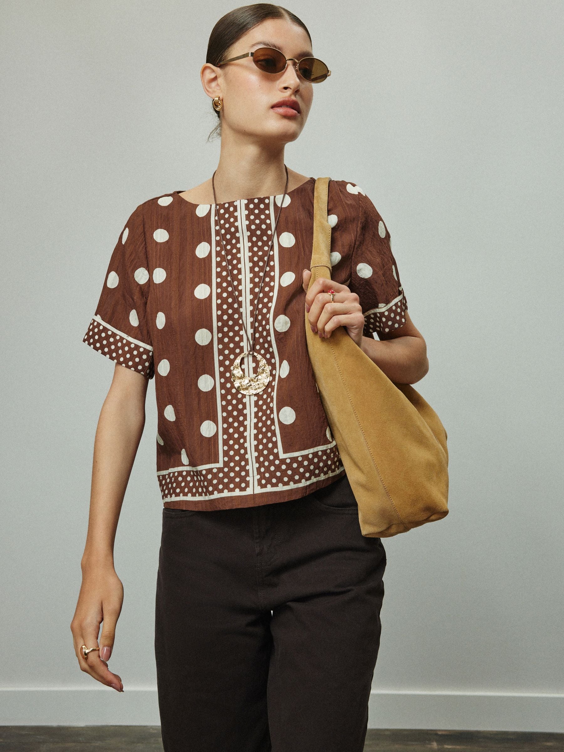Buy Chocolate Brown/Ecru Polka Dot Short Sleeve Boxy Top from the