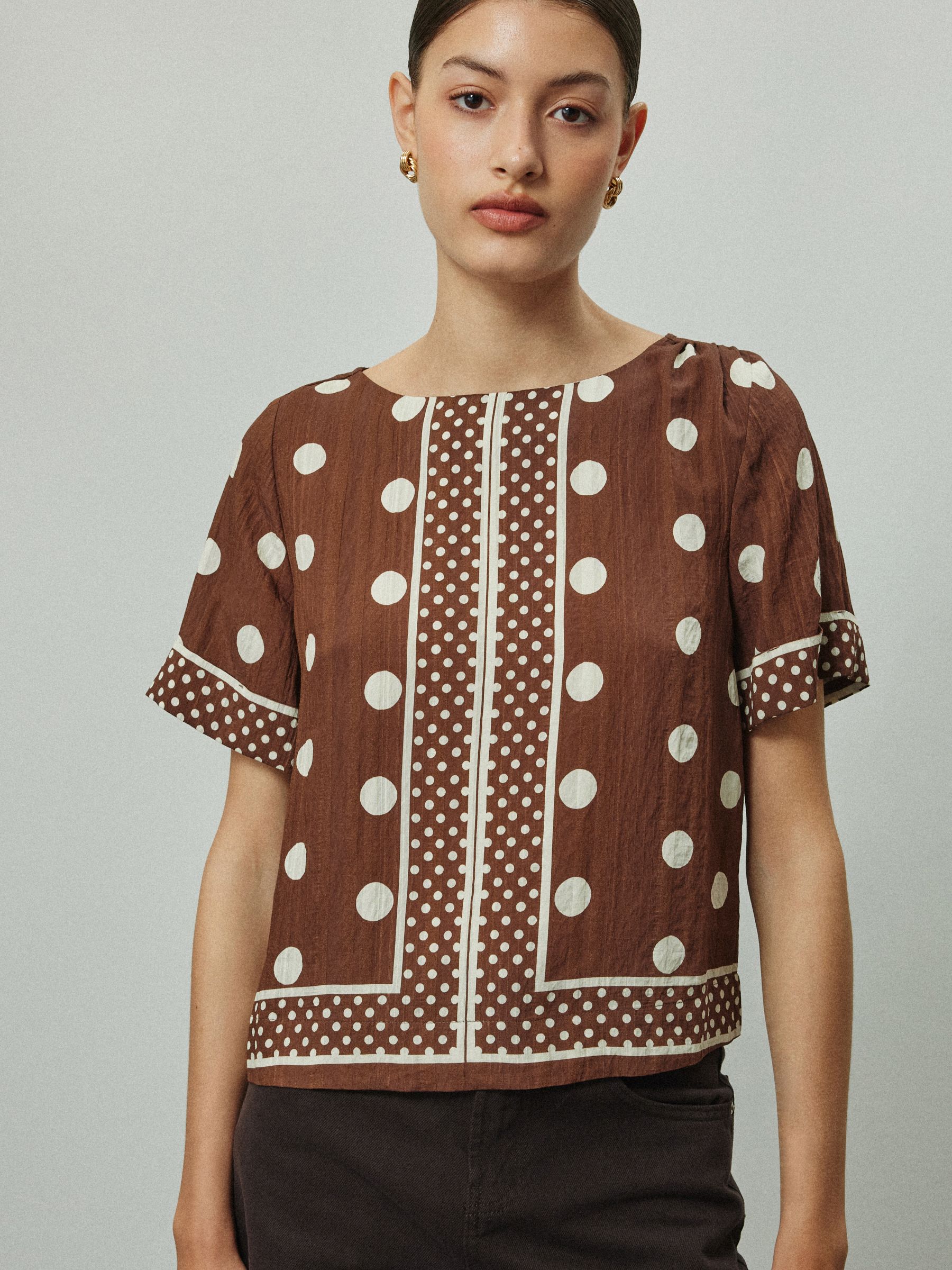 Buy Chocolate Brown/Ecru Polka Dot Short Sleeve Boxy Top from the