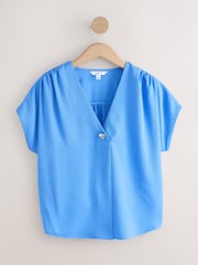 Blue Short Sleeve Overhead V-Neck Blouse - Image 1 of 3