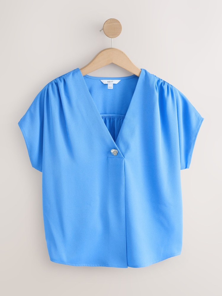 Blue Short Sleeve Overhead V-Neck Blouse - Image 1 of 3 Blue Short Sleeve Overhead V-Neck Blouse - Image 1 of 3