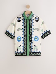 White/Blue/Green Abstract Border Print Satin Twill Short Sleeve Shirt - Image 4 of 6
