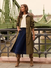 Love & Roses Khaki Green Petite Blouson Sleeve PU Collar Trench Coat - Image 3 of 5