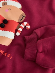Berry Red Christmas Capybara Crew Neck Sweatshirt (3mths-7yrs) - Image 4 of 4