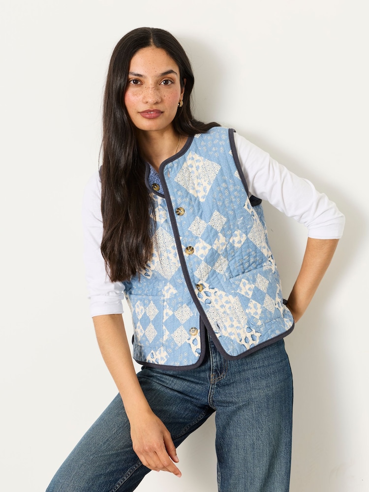 FatFace Reversible Blue Patchwork Quilted Fleece Gilet - Image 2 of 9 FatFace Reversible Blue Patchwork Quilted Fleece Gilet - Image 2 of 9