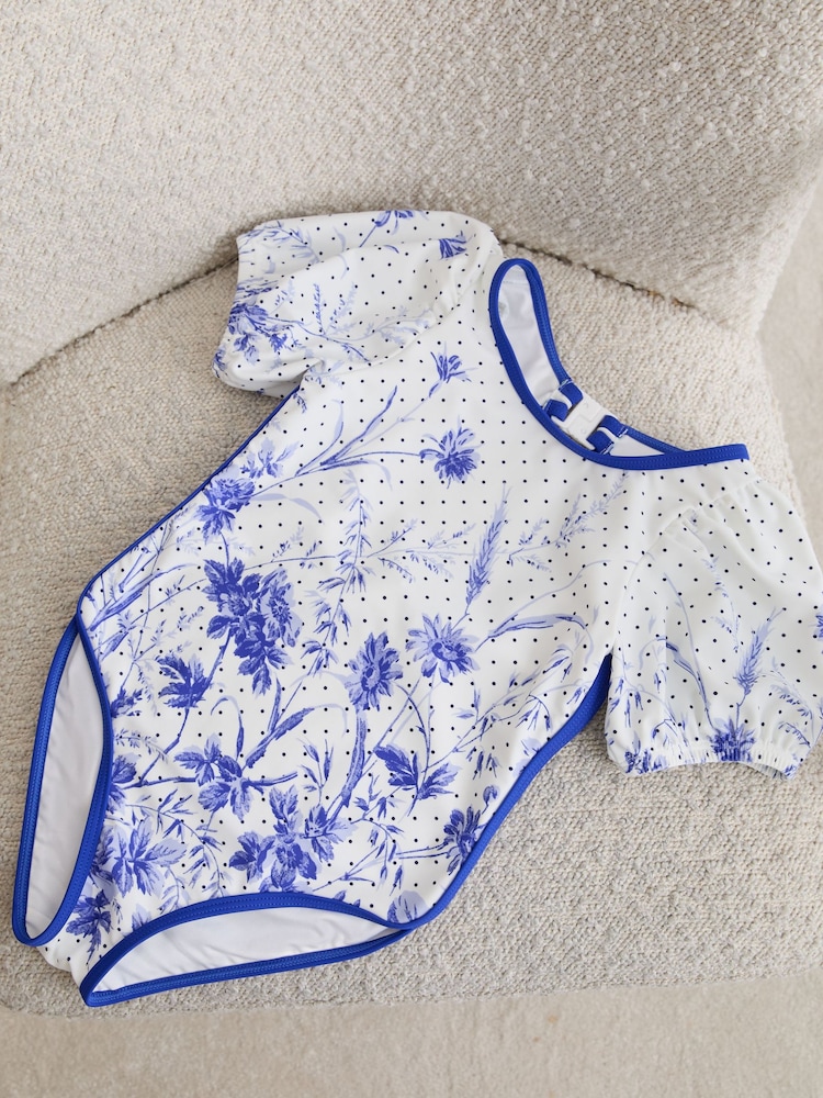 Reiss Blue Print Clemmie Floral Print Puff Sleeve Swimsuit - Image 2 of 3