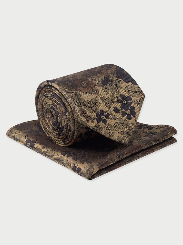 Brook Taverner Gold Multi Floral Pure Silk Tie and Pocket Square Set - Image 1 of 4 Brook Taverner Gold Multi Floral Pure Silk Tie and Pocket Square Set - Image 1 of 4