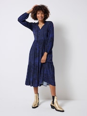 SCAMP & DUDE Blue Blouson Sleeve Tie Front Midi Dress Leopard Ray Print - Image 1 of 4