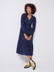 SCAMP & DUDE Blue Blouson Sleeve Tie Front Midi Dress Leopard Ray Print - Image 2 of 4