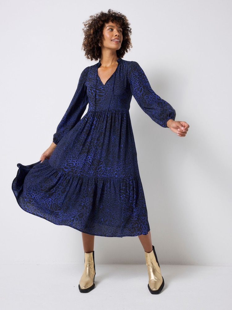 SCAMP & DUDE Blue Blouson Sleeve Tie Front Midi Dress Leopard Ray Print - Image 4 of 4