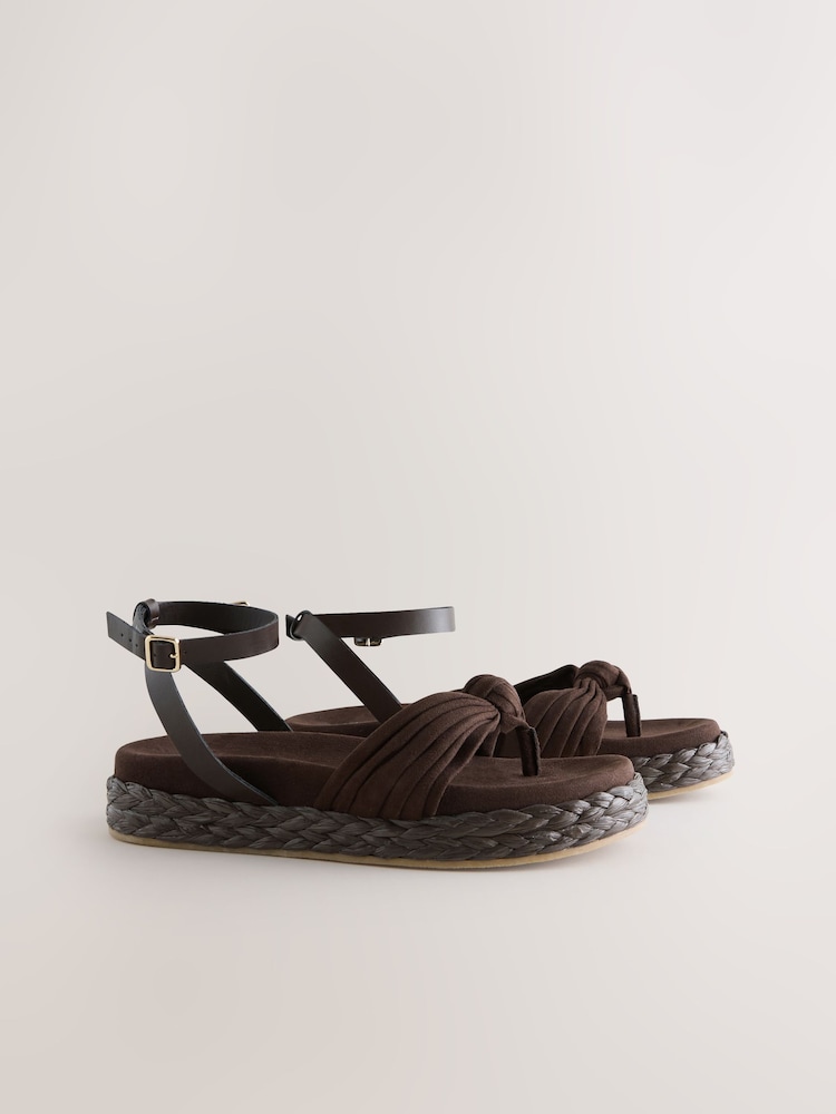 Chocolate Brown Raffia Knot Detailing Toe Thong Sandals - Image 2 of 5 Chocolate Brown Raffia Knot Detailing Toe Thong Sandals - Image 2 of 5