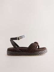 Chocolate Brown Raffia Knot Detailing Toe Thong Sandals - Image 3 of 5