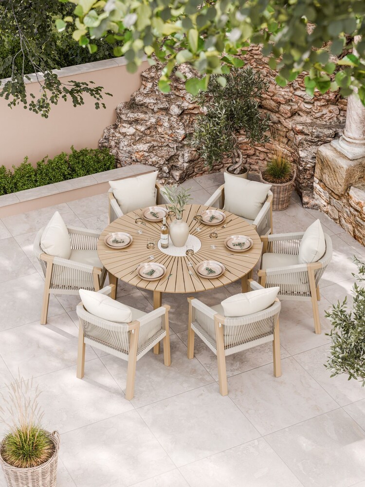 Royalcraft Natural Roma Garden Terrazzo Round Table With 6 Rope Dining Chairs - Image 1 of 6