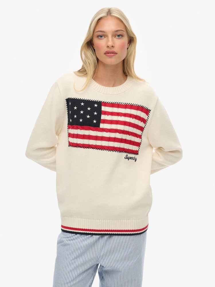 Superdry Cream Athletic Essentials Americana Flag Crew Knit Jumper - Image 1 of 6 Superdry Cream Athletic Essentials Americana Flag Crew Knit Jumper - Image 1 of 6