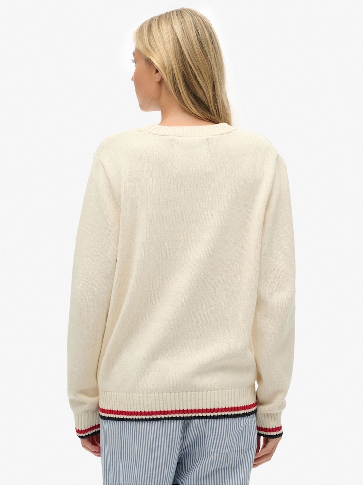 Superdry Cream Athletic Essentials Americana Flag Crew Knit Jumper - Image 2 of 6 Superdry Cream Athletic Essentials Americana Flag Crew Knit Jumper - Image 2 of 6