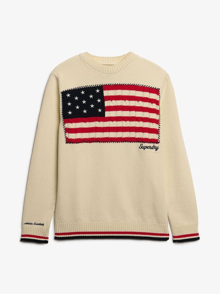 Superdry Cream Athletic Essentials Americana Flag Crew Knit Jumper - Image 6 of 6 Superdry Cream Athletic Essentials Americana Flag Crew Knit Jumper - Image 6 of 6