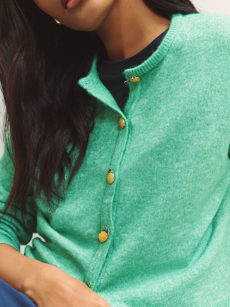Green Pineapple Buttons Crew Neck Knitted Cardigan - Image 4 of 4