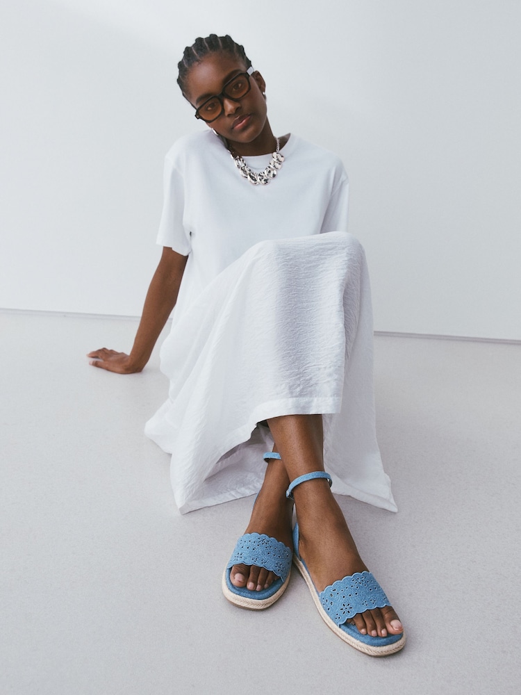 Blue Denim Square Toe Lazer Cut Sandals - Image 1 of 9 Blue Denim Square Toe Lazer Cut Sandals - Image 1 of 9