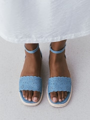 Blue Denim Square Toe Lazer Cut Sandals - Image 2 of 9
