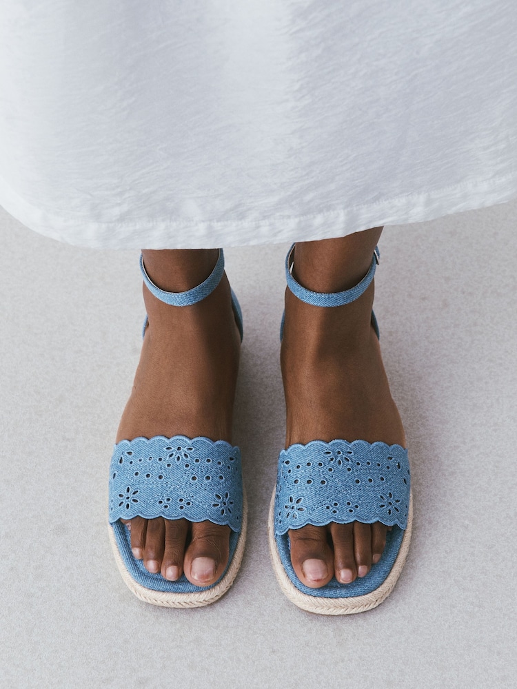 Blue Denim Square Toe Lazer Cut Sandals - Image 2 of 9 Blue Denim Square Toe Lazer Cut Sandals - Image 2 of 9