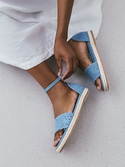 Blue Denim Square Toe Lazer Cut Sandals - Image 4 of 9