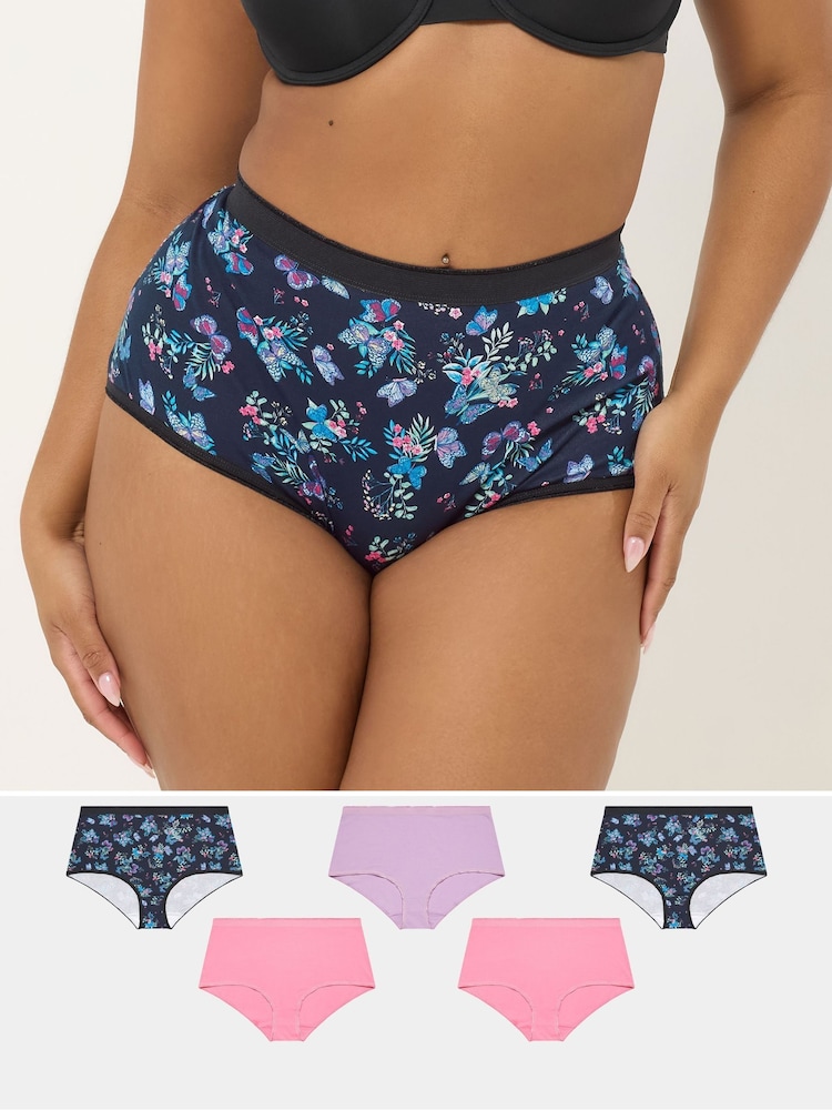 Yours Curve Blue Floral Butterfly Full Briefs 5 Pack - Image 1 of 8 Yours Curve Blue Floral Butterfly Full Briefs 5 Pack - Image 1 of 8