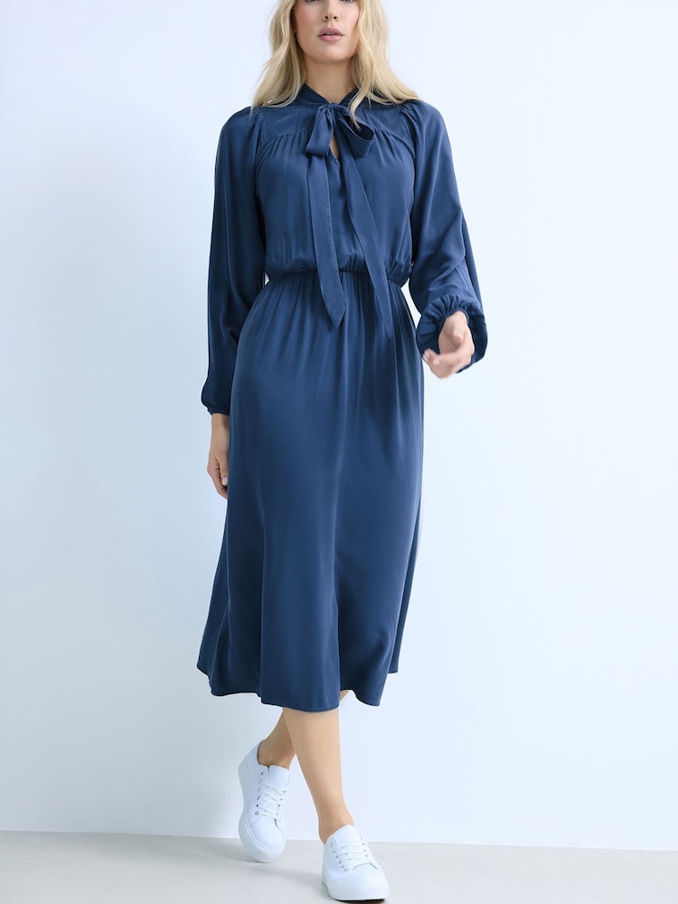 Long Tall Sally Blue Tie Neck Acid Wash Midi Dress - Image 1 of 2